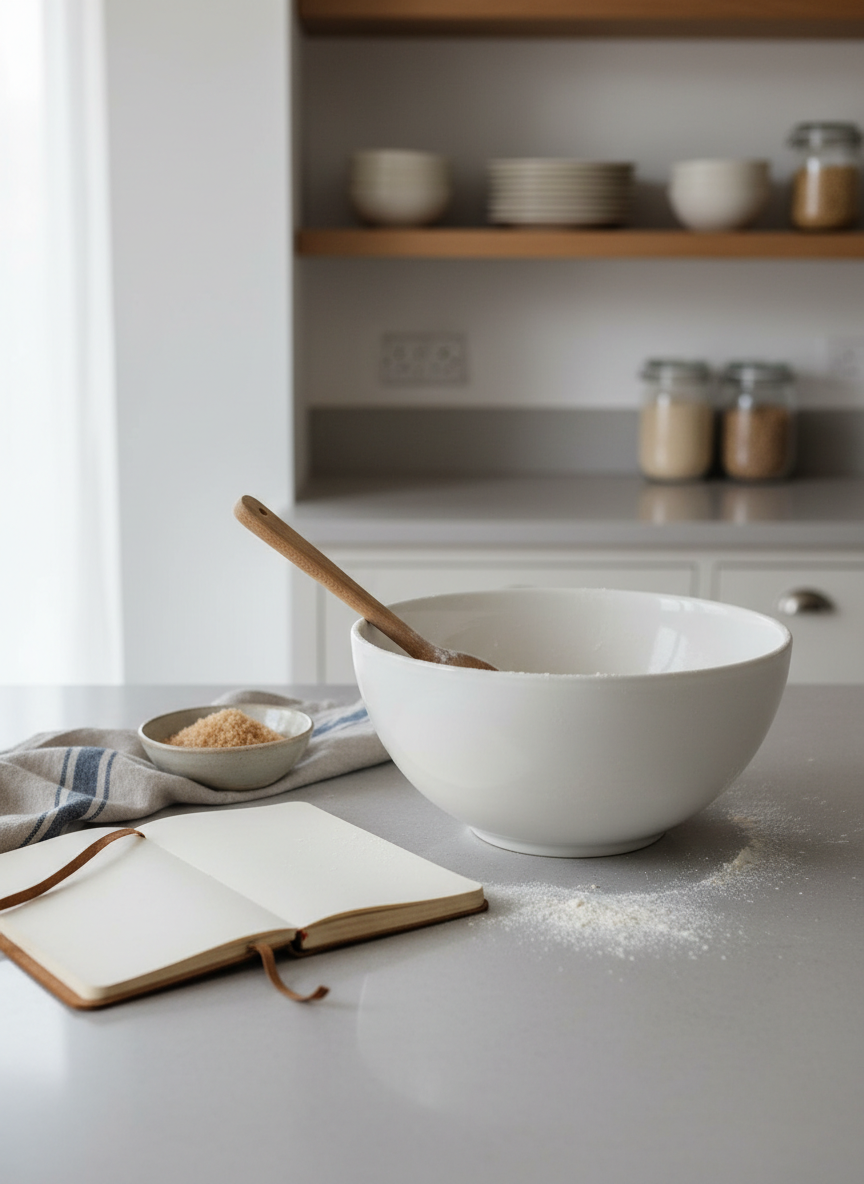 A quiet kitchen scene that feels like the backdrop to a beloved family recipe or personal story. A smooth, pale stone countertop holds a large mixing bowl in matte white ceramic, a wooden spoon resting casually inside, and a dusting of flour scattered around. Nearby, a worn, open recipe notebook with blank, cream-colored pages (no visible handwriting) lies next to a folded striped tea towel and a small bowl of brown sugar. In the background, out of focus, simple open shelving displays neatly stacked plates and a few glass jars. Soft overcast daylight filters through an unseen window, creating diffused, shadowless illumination and a gentle, reflective mood. Photographic realism, eye-level composition, with a calm, sophisticated, editorial aesthetic.