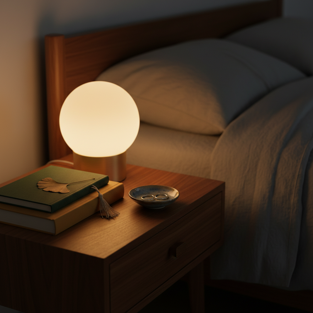 A still-life vignette on a bedside table that captures the essence of late-night reflection and personal stories. A smooth walnut bedside table holds a softly glowing, frosted-glass lamp casting a warm pool of light. Next to it, a stack of two cloth-bound books, their covers in muted earth tones without any visible text, is topped by a simple bookmark. A small ceramic dish holds a pair of understated metal earrings and a single pressed leaf. In the background, the edge of a neatly made bed with a linen duvet in soft stone gray is just visible, blurred. The surrounding room is dim, with the lamp providing the primary light source, creating gentle falloff into shadow. Photographic realism, close-up composition with a shallow depth of field, evoking intimacy, quiet thoughtfulness, and sophisticated calm.