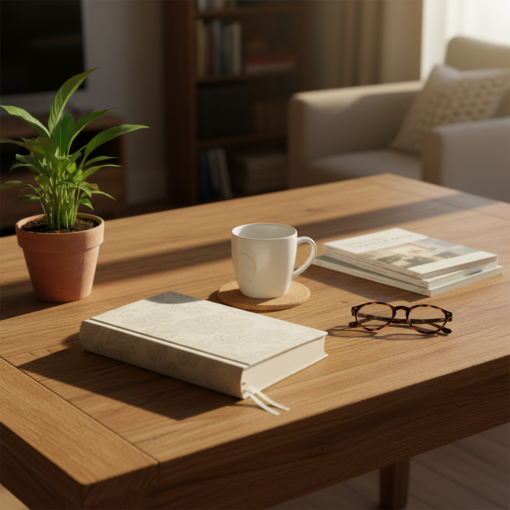 A warmly lit wooden writing desk arranged as the quiet heart of a lifestyle magazine home. At the center sits a linen-bound journal left slightly open beside a pristine white ceramic mug with a soft gloss finish and faint coffee rings on a cork coaster. A small, lush green houseplant in a simple clay pot anchors one corner, while a pair of tortoiseshell reading glasses rests near a neatly stacked pile of magazines. Golden late-afternoon light streams through an unseen window, creating gentle highlights along the wood grain and soft shadows behind each object. Photographic realism, shot from a slightly elevated angle with a shallow depth of field, giving the scene an intimate, sophisticated, and contemplative mood, perfect for a thoughtful independent publication.