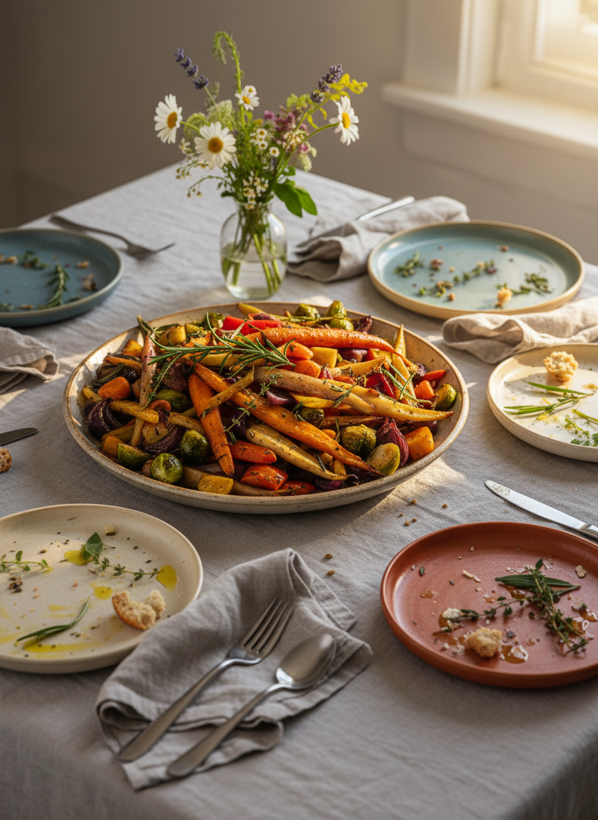 An artfully arranged dining table set for a casual yet elegant home-cooked meal, reflecting stories of food and connection. At the center sits a large stoneware platter holding roasted seasonal vegetables and herbs, surrounded by smaller mismatched ceramic plates with traces of olive oil and crumbs, suggesting a meal in progress rather than perfection. A linen tablecloth in soft dove gray is gently wrinkled, with a folded natural linen napkin and simple brushed-steel cutlery nearby. A small glass vase holds a few wildflowers, slightly off-center. Late golden-hour light falls across the table from the right, creating long, gentle shadows and a warm, intimate glow. Photographic realism, shot from a slightly elevated three-quarter angle, with a shallow depth of field to keep the focus on the central platter and evoke convivial, sophisticated comfort.