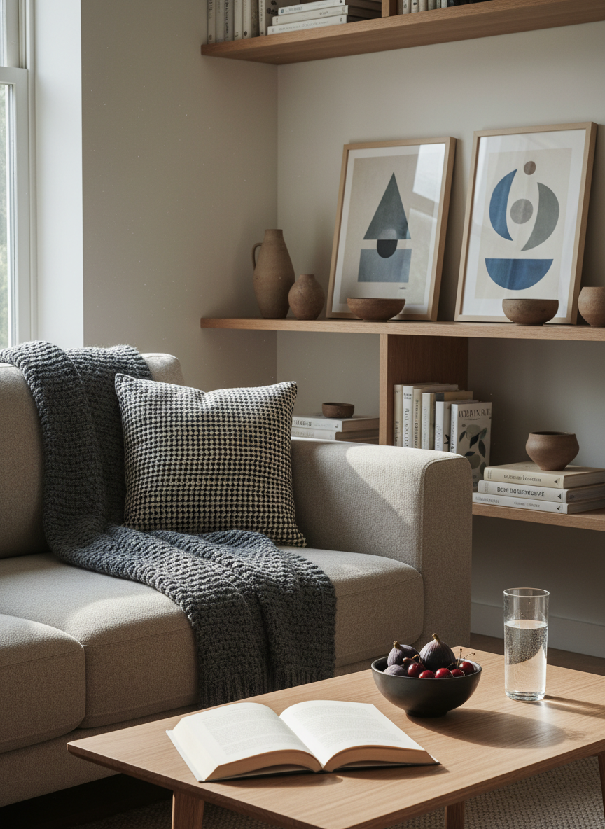 A cozy, thoughtfully styled living room corner that feels like the setting for a reflective personal essay. A low, modern fabric sofa in a muted oatmeal tone is draped with a textured charcoal throw blanket and a single patterned cushion. In front, a slim oak coffee table holds an open hardback book, a small ceramic bowl of ripe figs and dark cherries, and a slender glass of water catching the light. Behind, minimalist shelving displays stacked books, a few ceramics, and framed abstract art without text. Soft, diffused morning light enters from the left, creating a calm, editorial-photography atmosphere. Captured at eye level with a balanced composition and photographic realism, emphasizing warmth, sophistication, and the quiet details of home life.